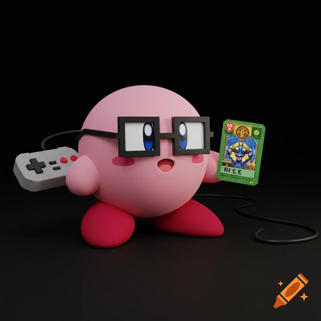 3D rendered Kirby wearing square glasses, holding a retro video game controller and a trading card.