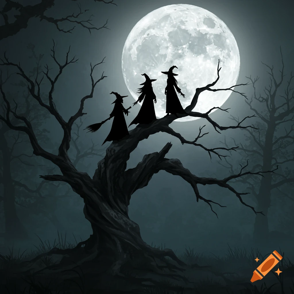 Silhouettes of three witches on a tree branch under a full moon in a spooky forest.