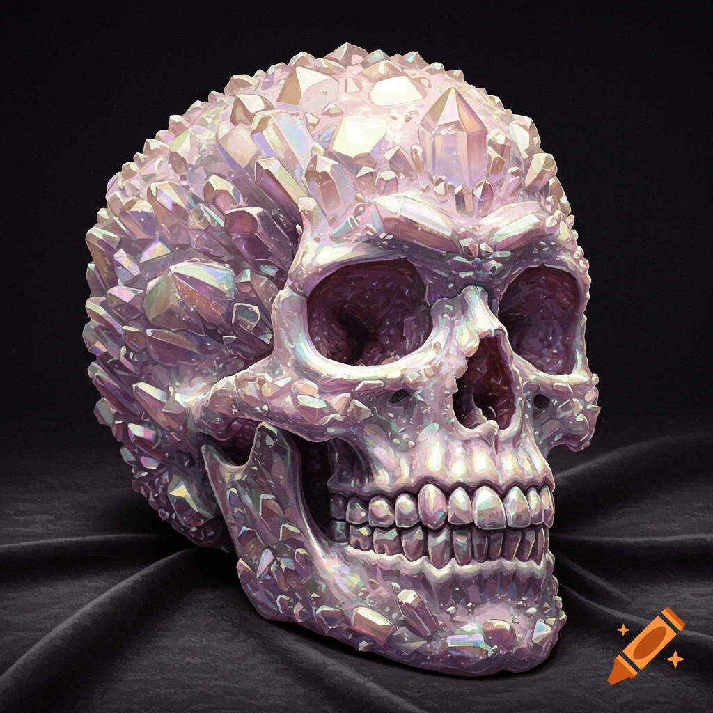 A detailed skull sculpture made of iridescent crystals rests on dark fabric.