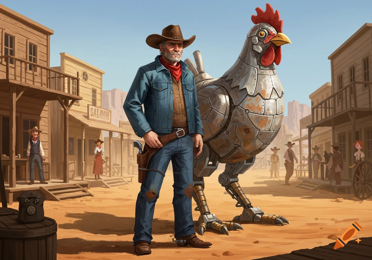 Cowboy with a giant robot chicken in a dusty Western town