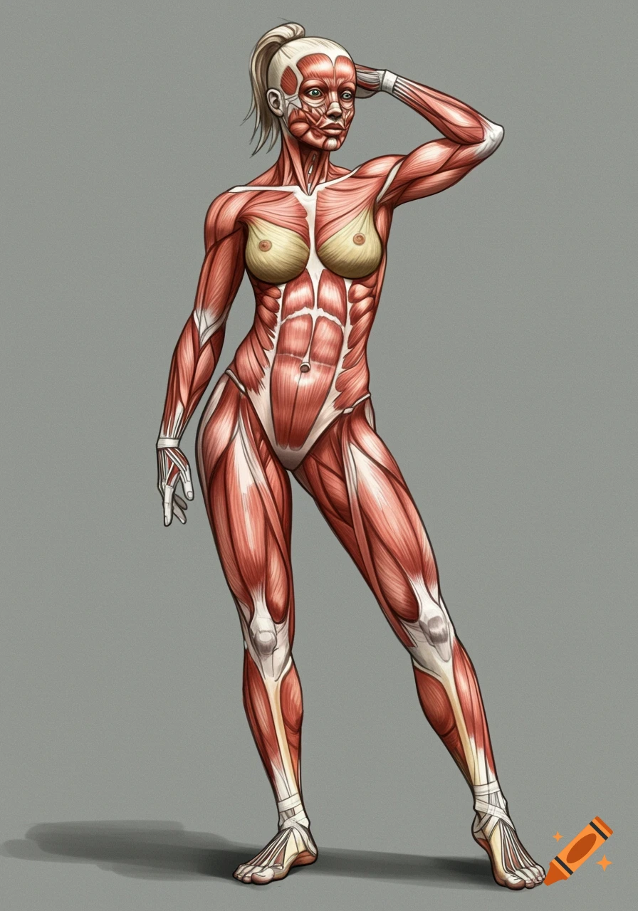 Detailed drawing of a female figure showing the entire muscular system.