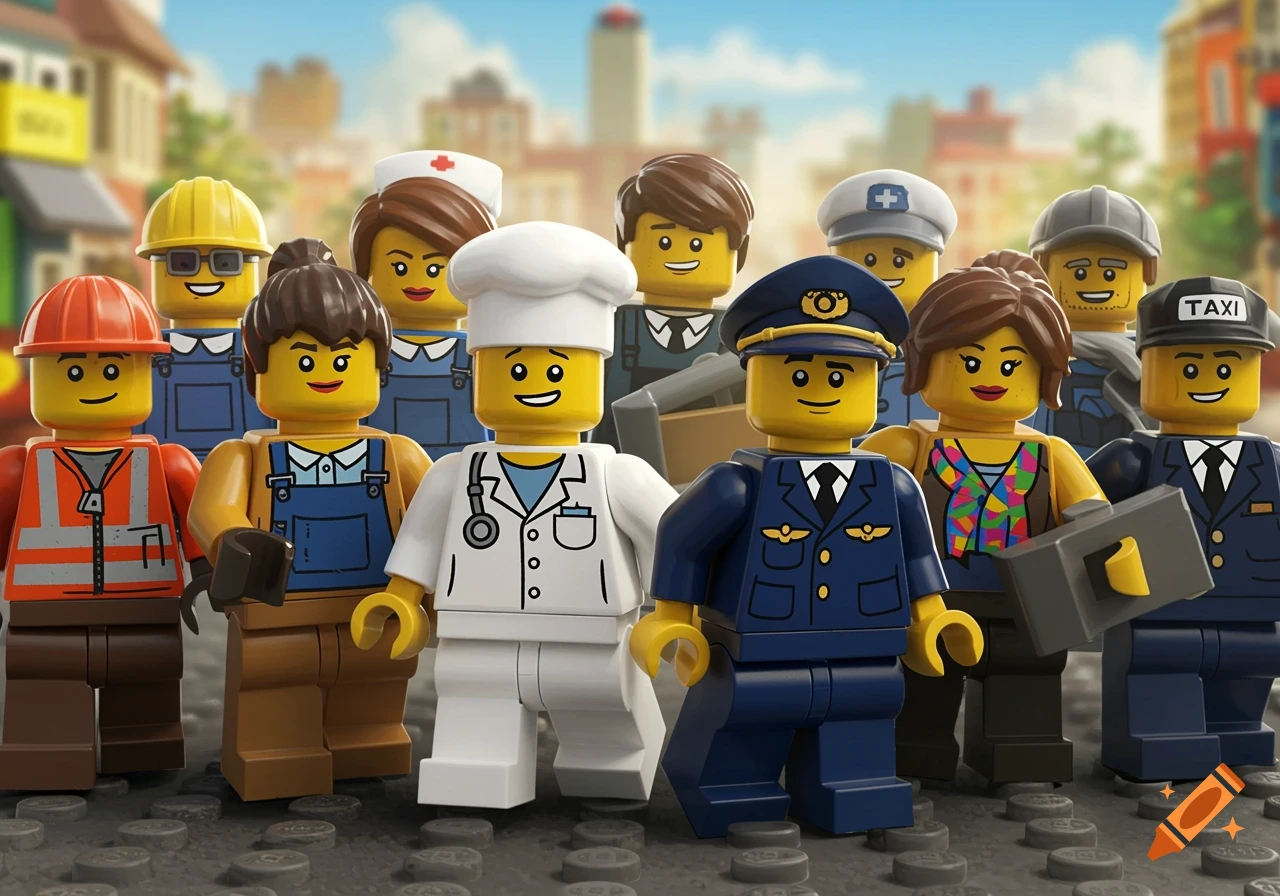 A group of Lego minifigures representing various professions like construction worker, nurse, chef, pilot, and taxi driver.
