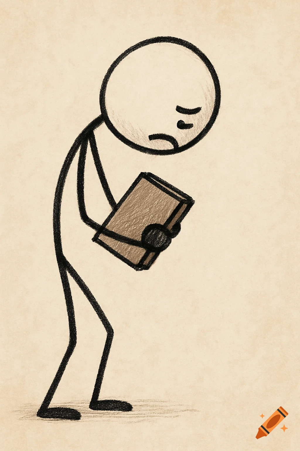Stick figure character holds a book, looking sad.