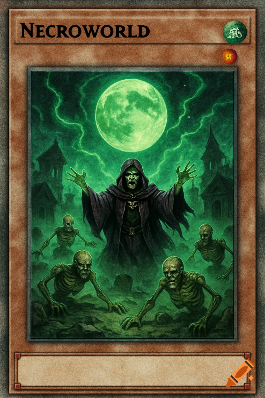 Trading card art of a robed figure raising zombies in a graveyard under a green moon.