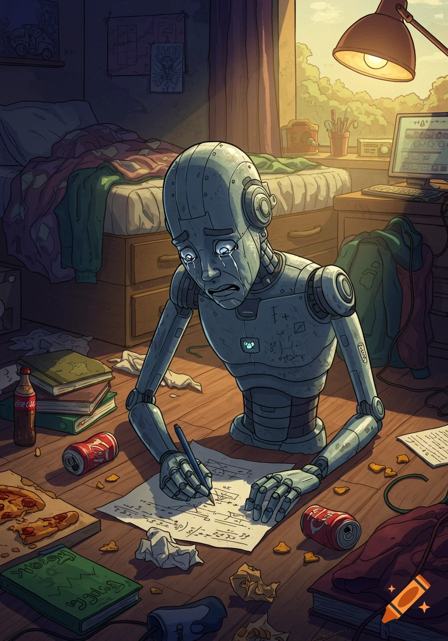 An illustration of a crying robot sitting on the floor in a messy dorm room, writing on paper surrounded by books and food.