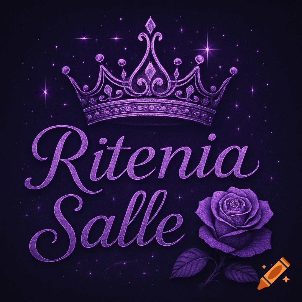 Purple crown over glitter text 'Ritenia Salle' and purple rose on dark, starry background.