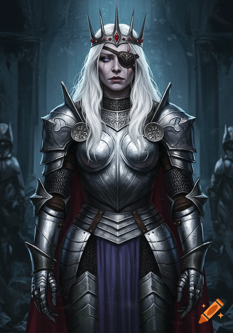 A fantasy queen in shining armor with white hair, an eyepatch, and a crown stands in a dark hall.