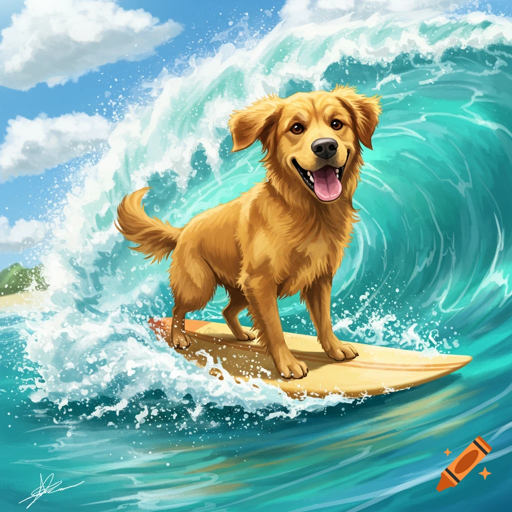An illustration of a golden retriever dog surfing a large ocean wave on a surfboard.
