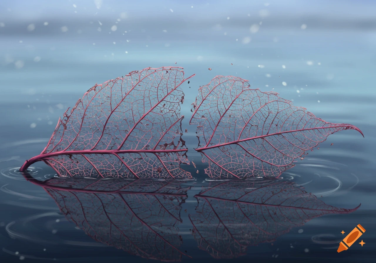 A skeletal leaf, broken in two, floats on dark water with reflections and ripples.