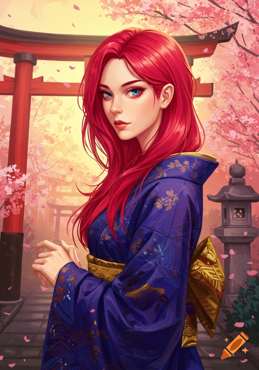 A woman with red hair and blue eyes wears a purple kimono in a Japanese garden with cherry blossoms and torii gates.