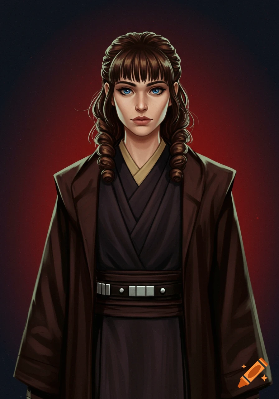 Character illustration of a woman with braided brown hair and bangs, wearing brown and dark robes, against a dark red background.