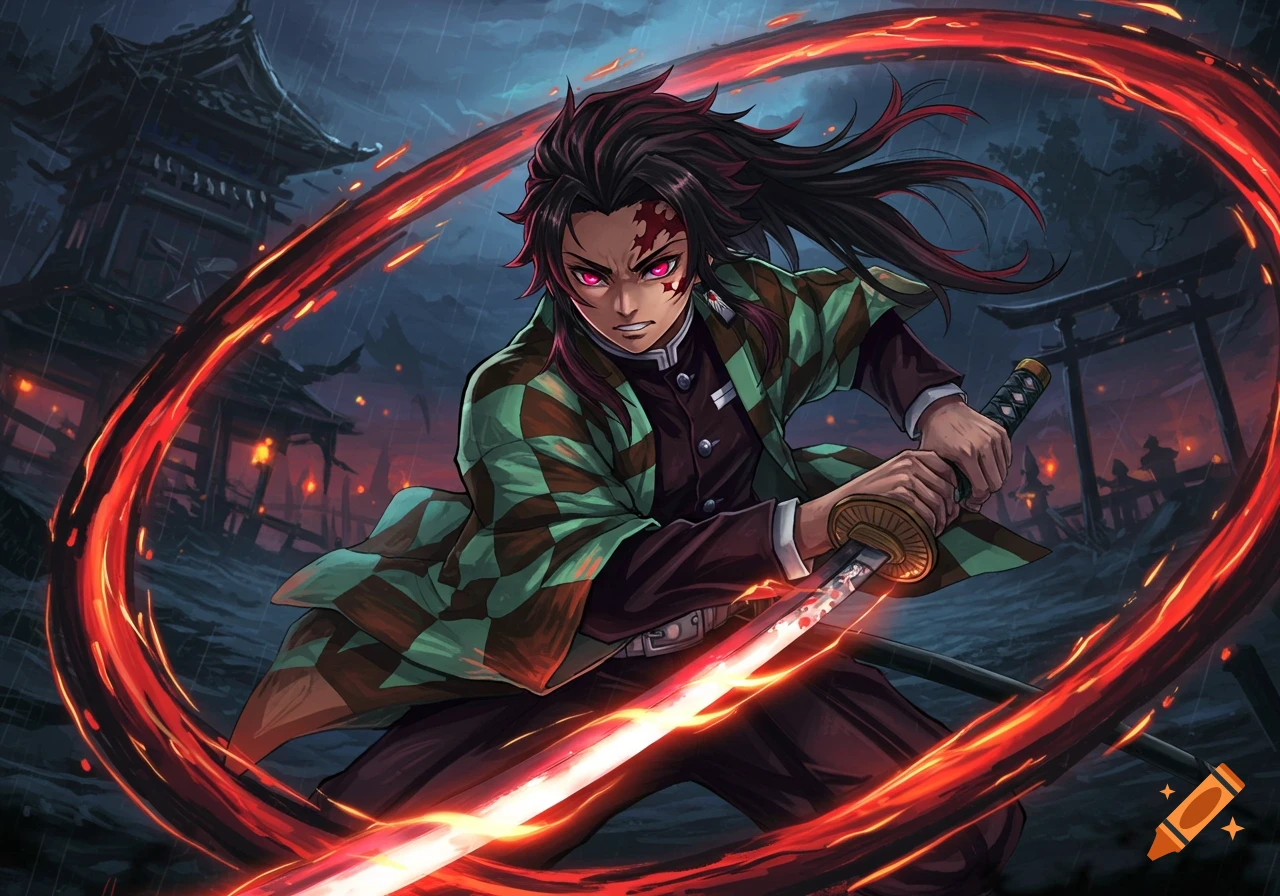 Anime character with a fiery red sword effect in a rainy, dark setting