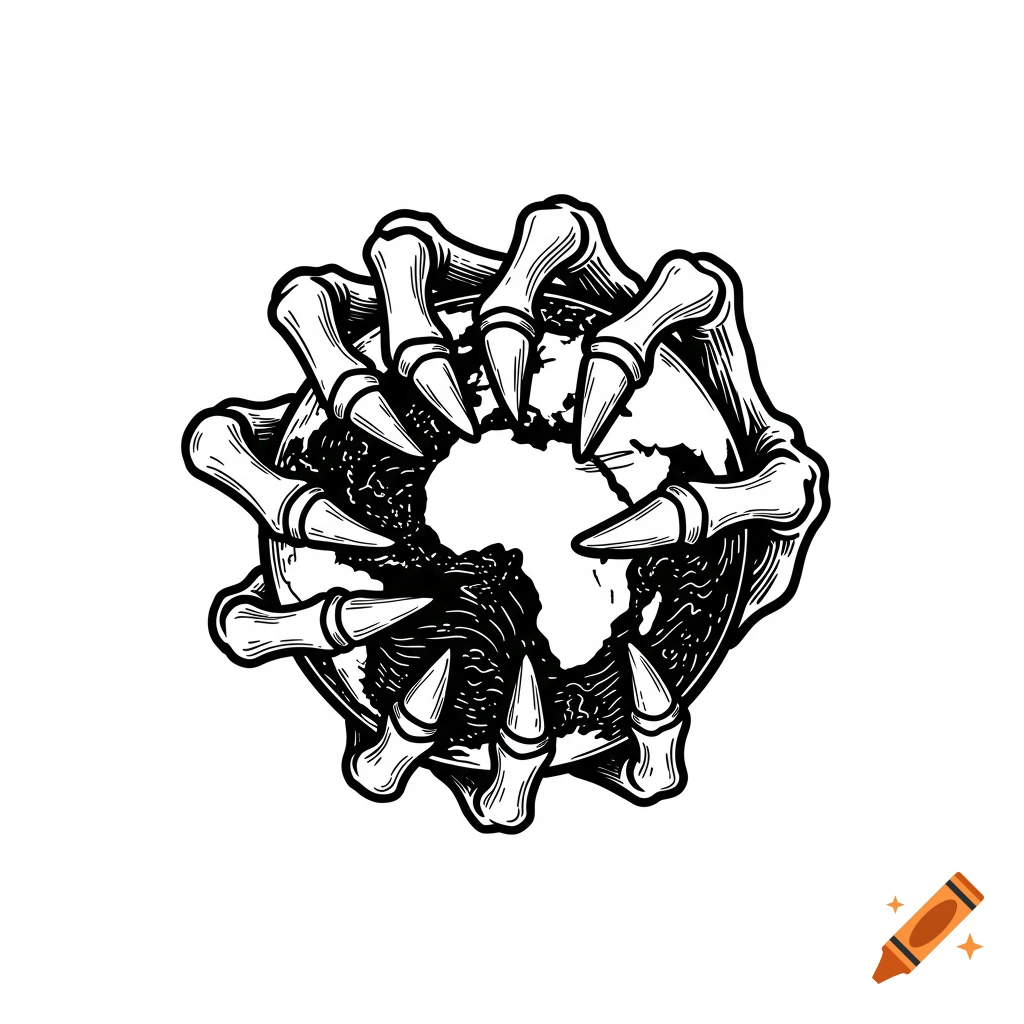 Black and white vector illustration of a skeleton hand crushing the earth.