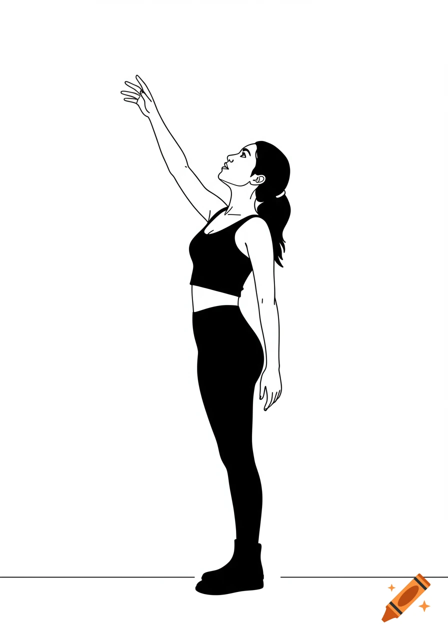 A minimalist black line drawing of a woman in athletic wear reaching upwards.