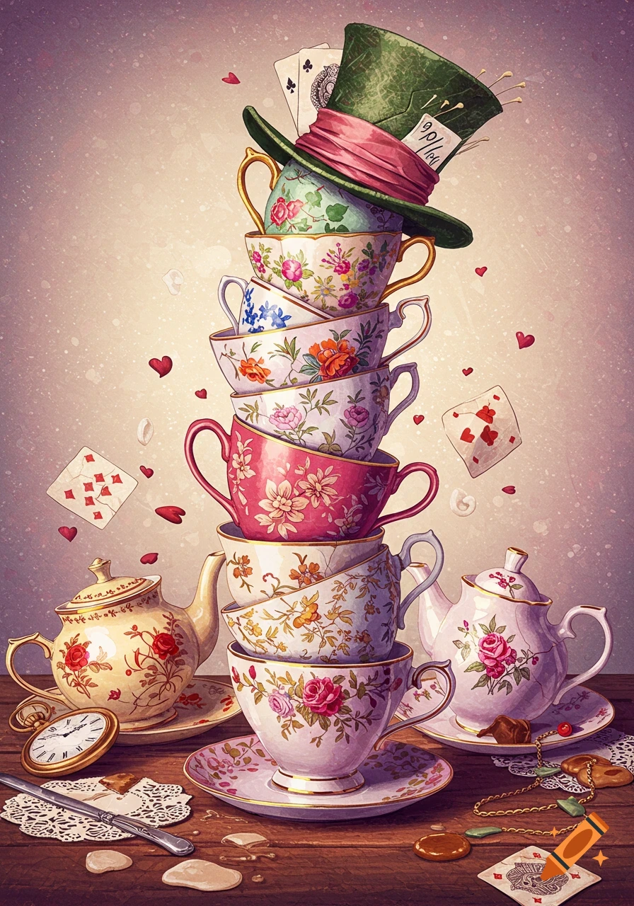 A tall stack of floral teacups topped with a Mad Hatter hat, surrounded by teapots, playing cards, and a clock.