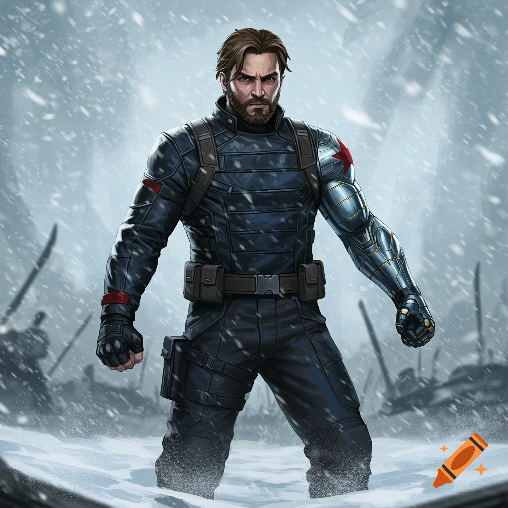 The Winter Soldier standing in a snowy landscape in tactical gear.
