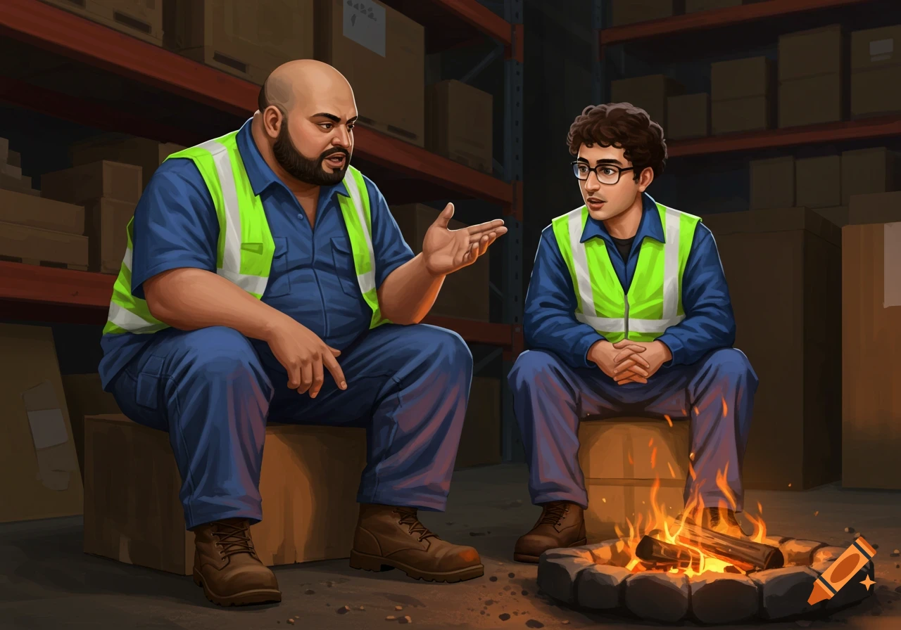 Two warehouse workers talking by a fire in a warehouse setting. Illustration.