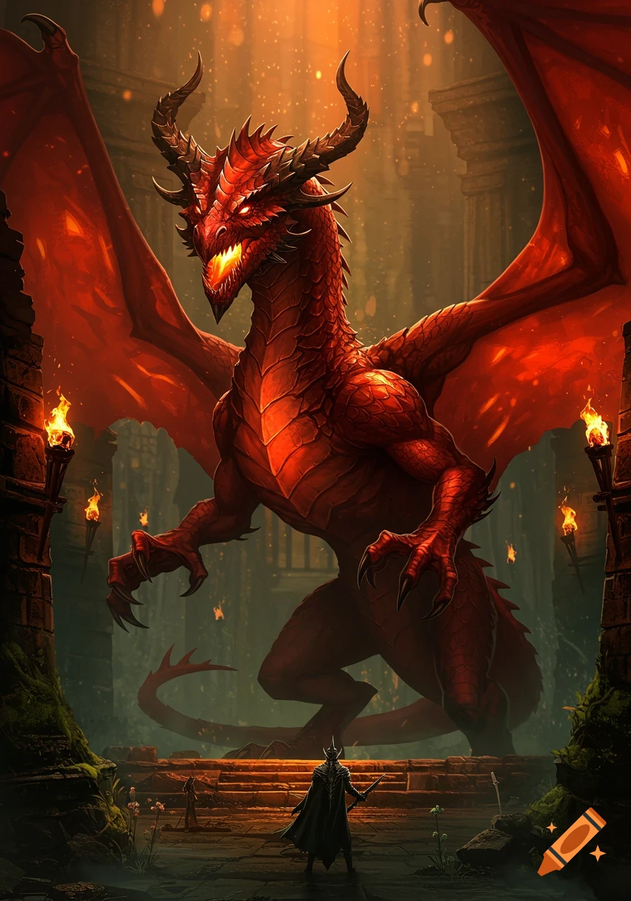 A massive red dragon looms over two figures in a dark, ancient dungeon. Digital fantasy art.