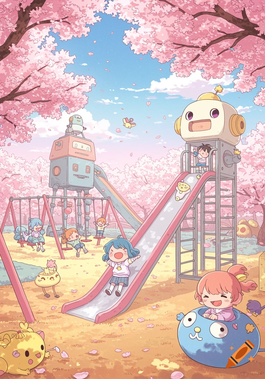 Anime style playground scene with children and robots playing among cherry blossom trees under a sunny sky.