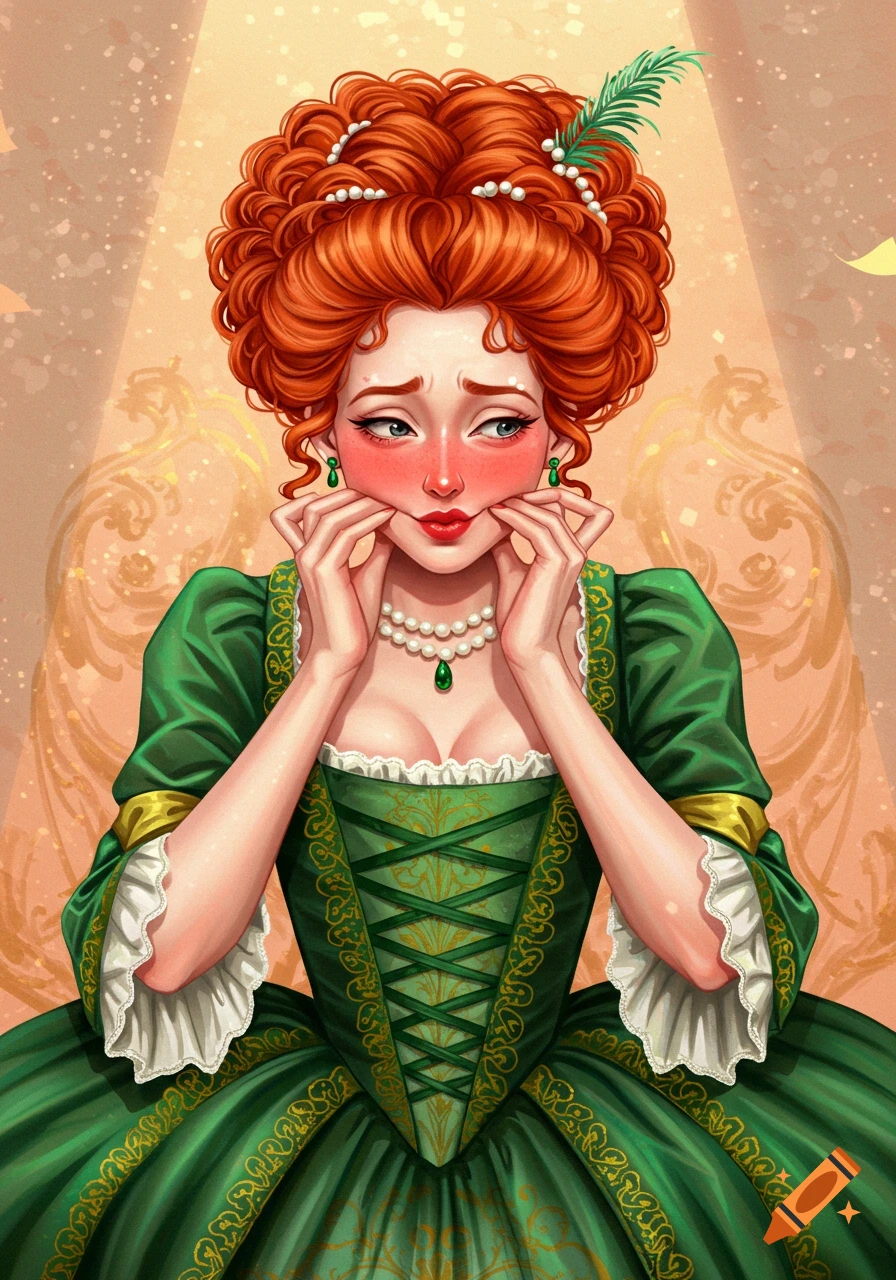 Redhead woman in a green rococo dress squishing her cheeks, illustration