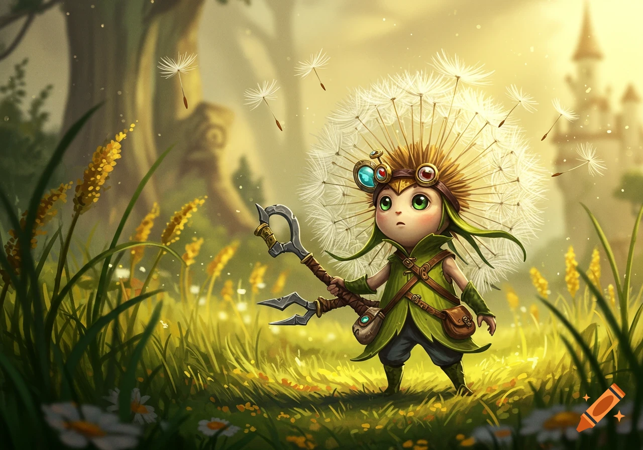 Tiny dandelion creature artificer stands in a sunny meadow.