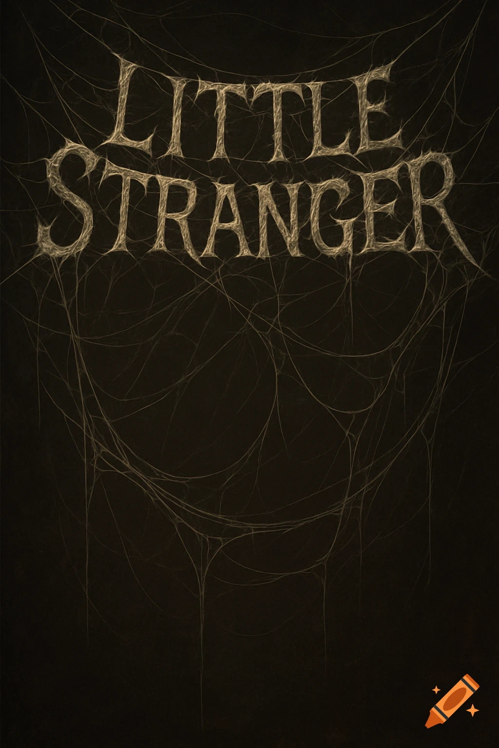The words LITTLE STRANGER made of webs and surrounded by spiderwebs on a dark background.
