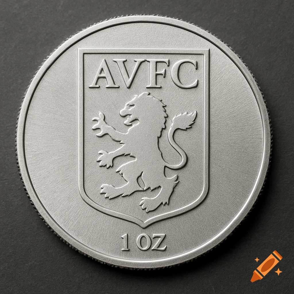 Close-up of a silver coin featuring the Aston Villa logo, AVFC text, and 1 OZ text.