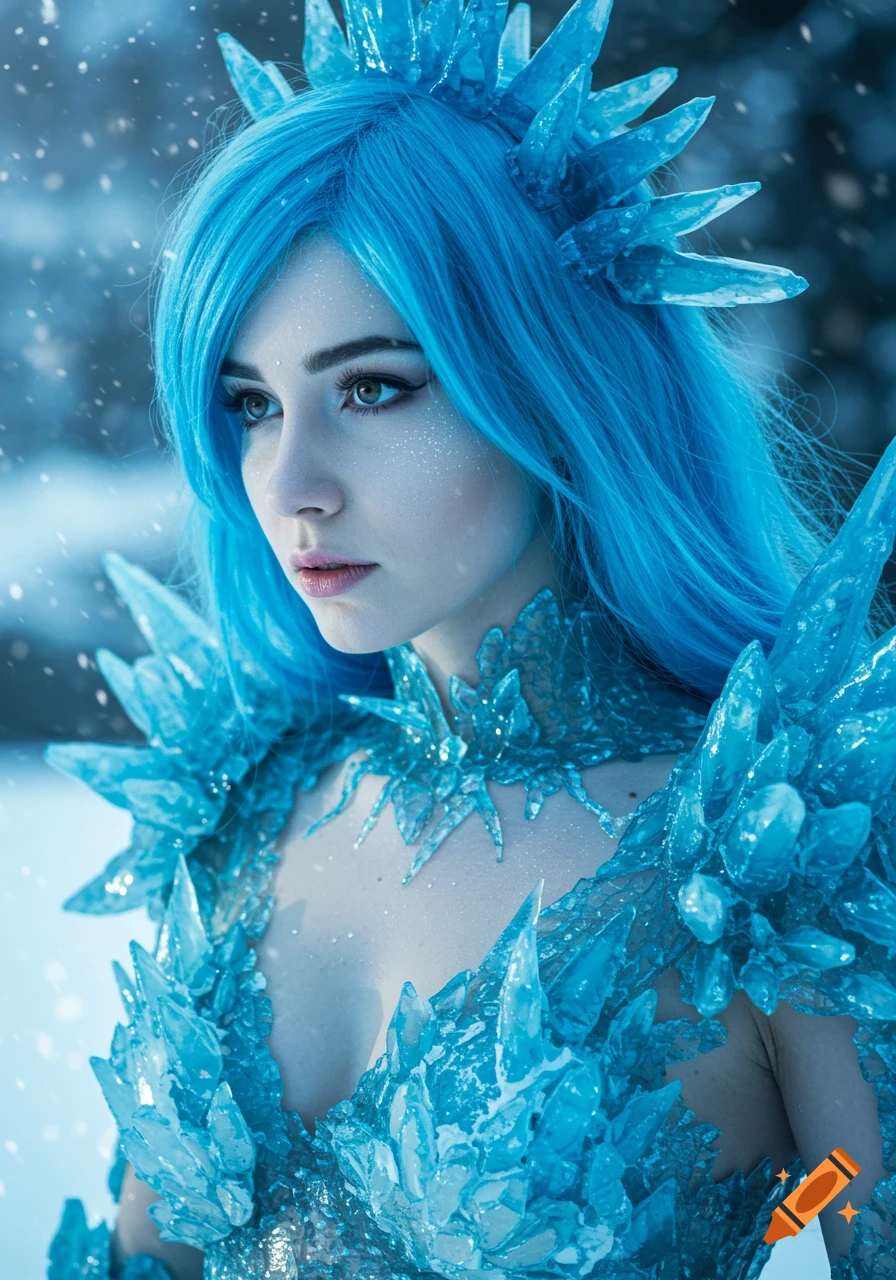 A woman with blue hair and ice crystal armor looks away in a snowy environment.