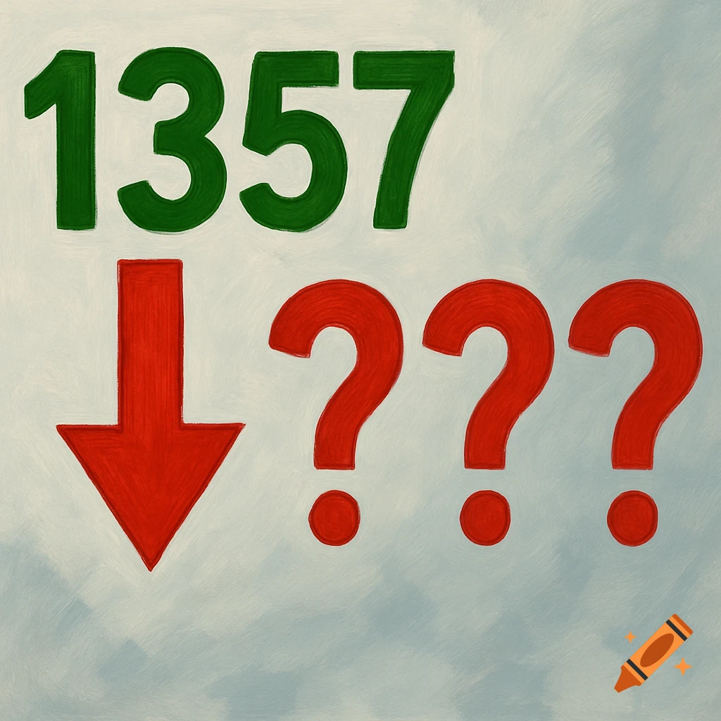 Green number 1357 above a red down arrow and three red question marks on a textured blue background.