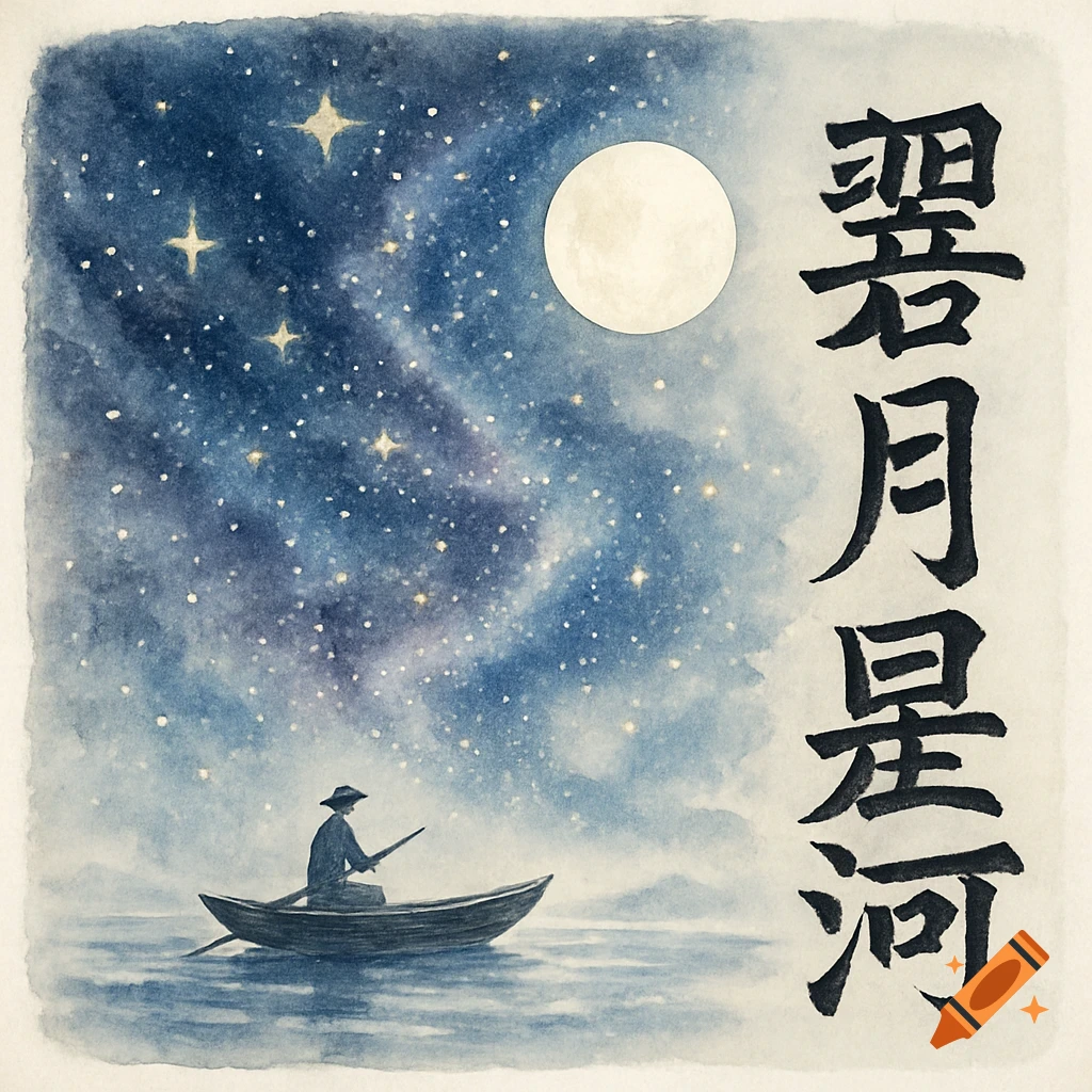 Chinese watercolor painting of a person in a boat under a starry sky and moon with vertical calligraphy on the side.