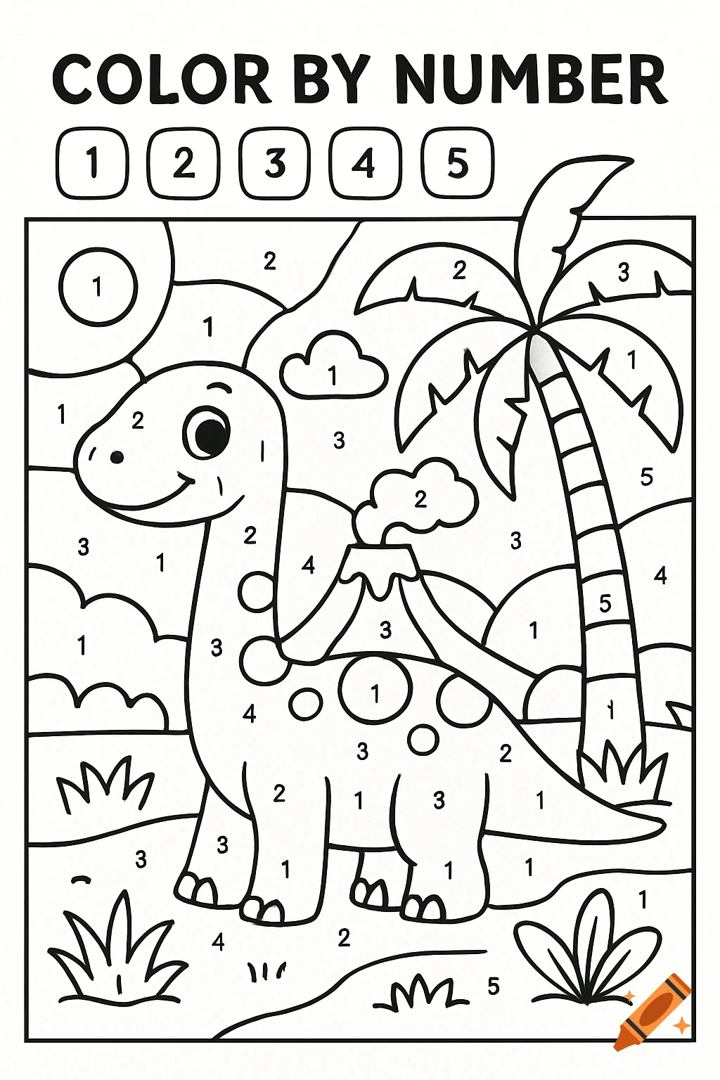 Black and white dinosaur color by number page with numbers 1-5, featuring a cartoon dinosaur, volcano, palm tree, and landscape.