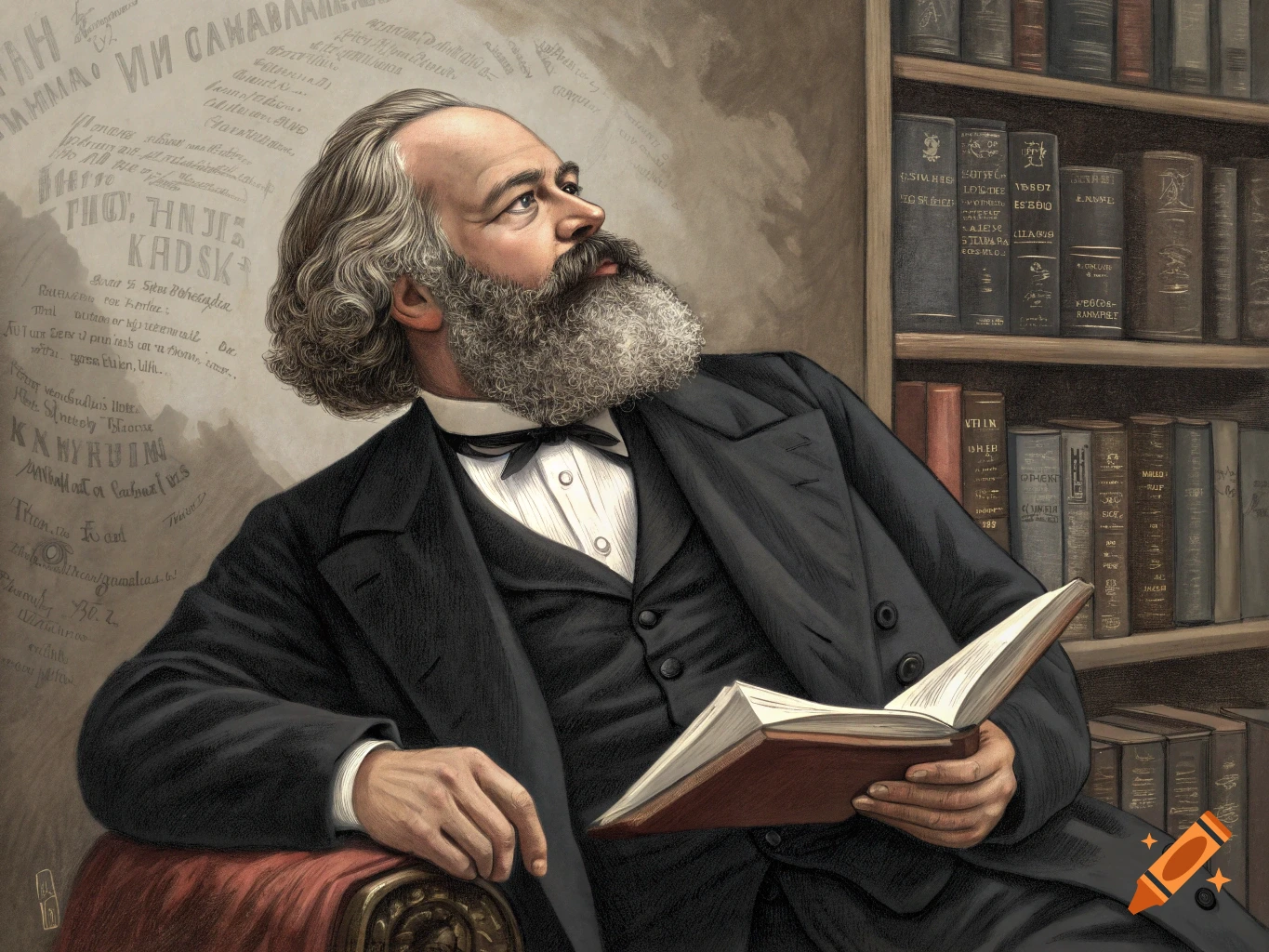 Portrait of a man resembling Karl Marx reading a book in a study.