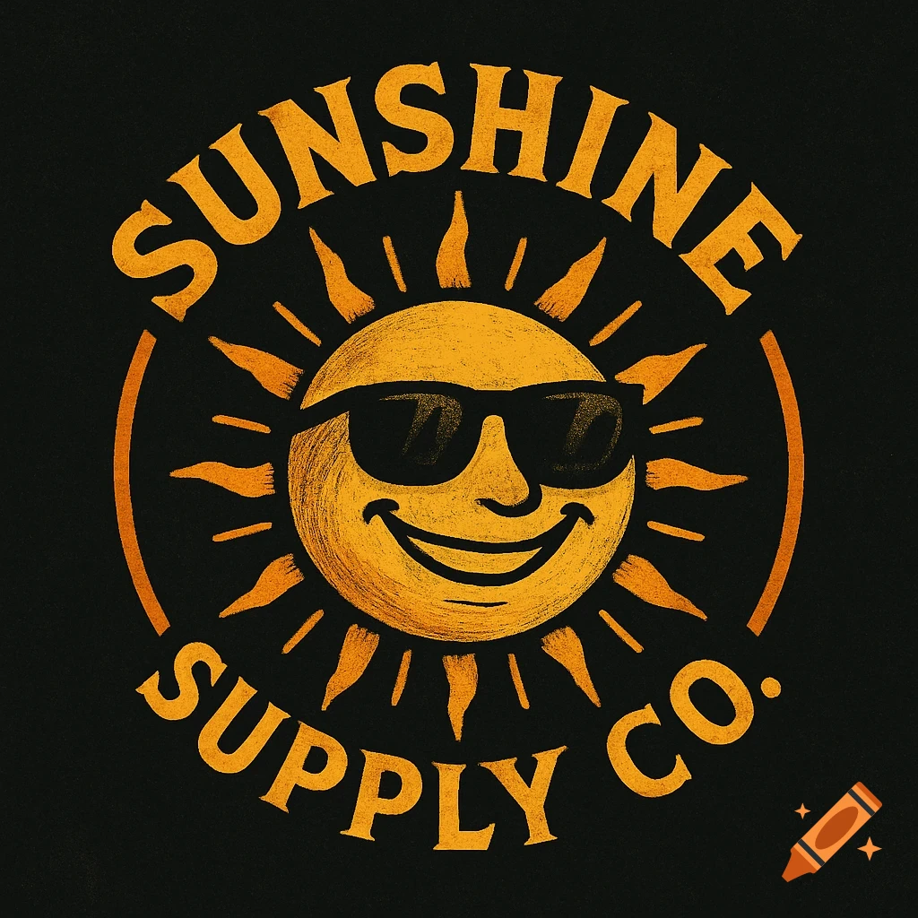 Circular logo featuring a smiling sun wearing sunglasses with text reading "Sunshine Supply Co.".