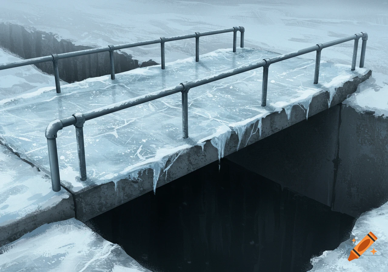 An ice-covered concrete bridge with metal railings spans a dark ditch in a wintry scene.