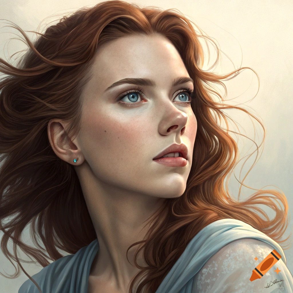 Realistic portrait of a woman with red hair looking up