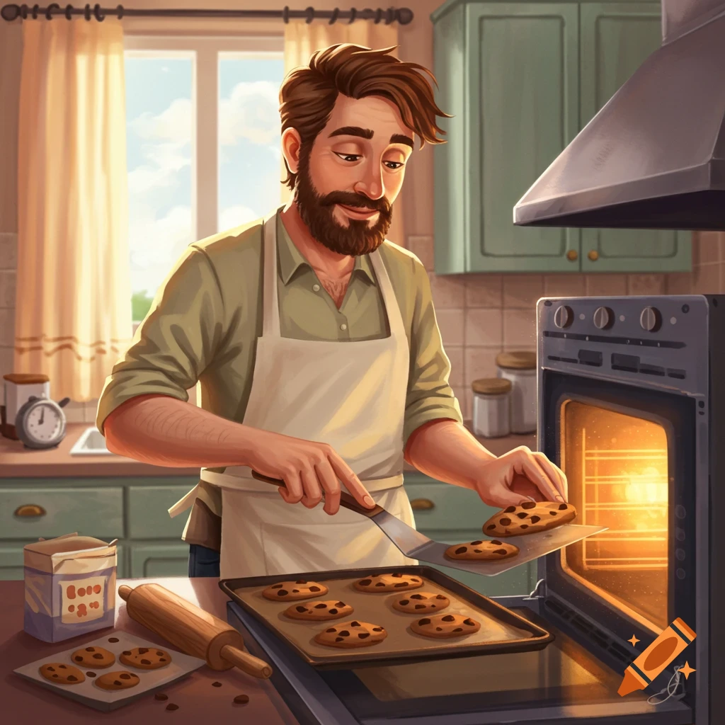 Man baking chocolate chip cookies in a kitchen, illustrative style