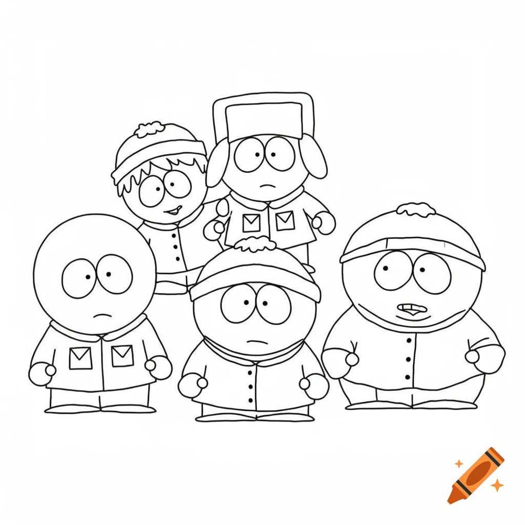 A black and white line drawing of South Park characters for coloring.