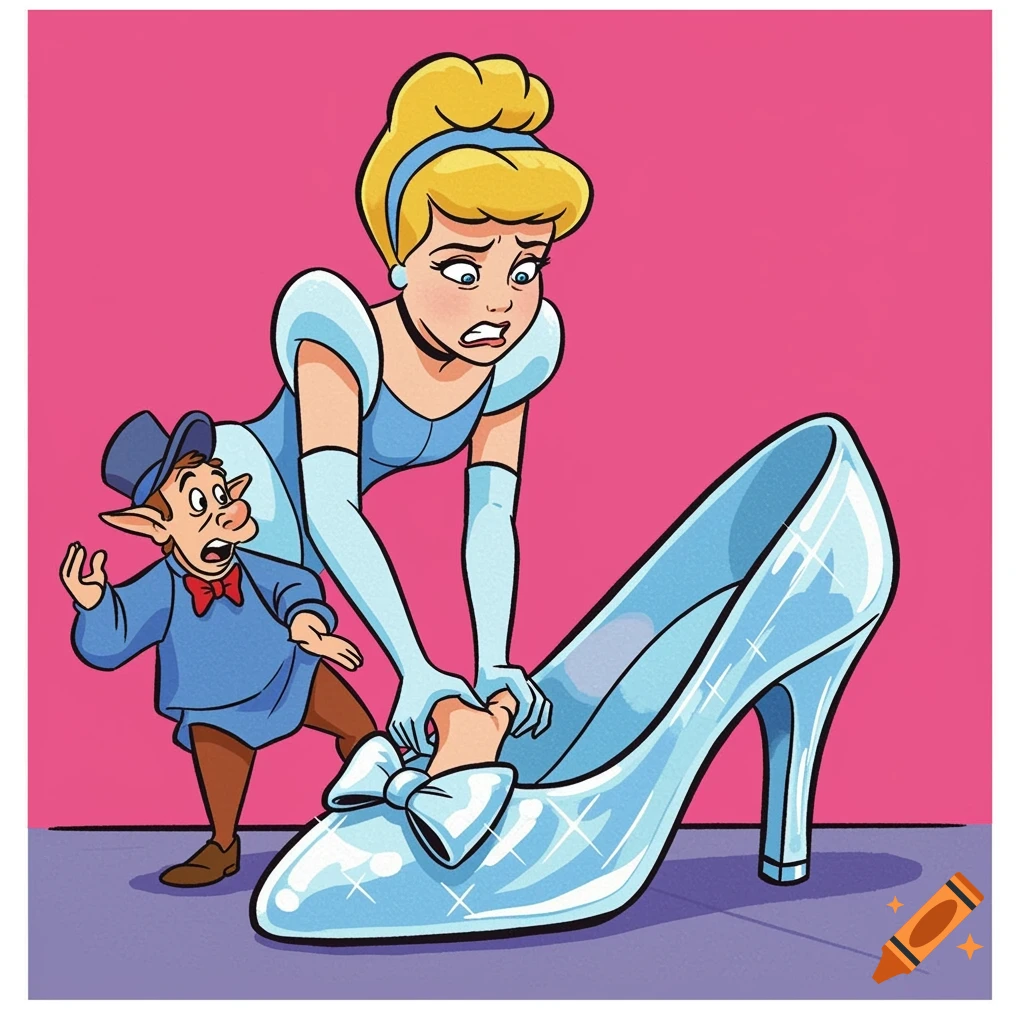 Cinderella and a small man struggle to fit her foot into a large glass slipper.