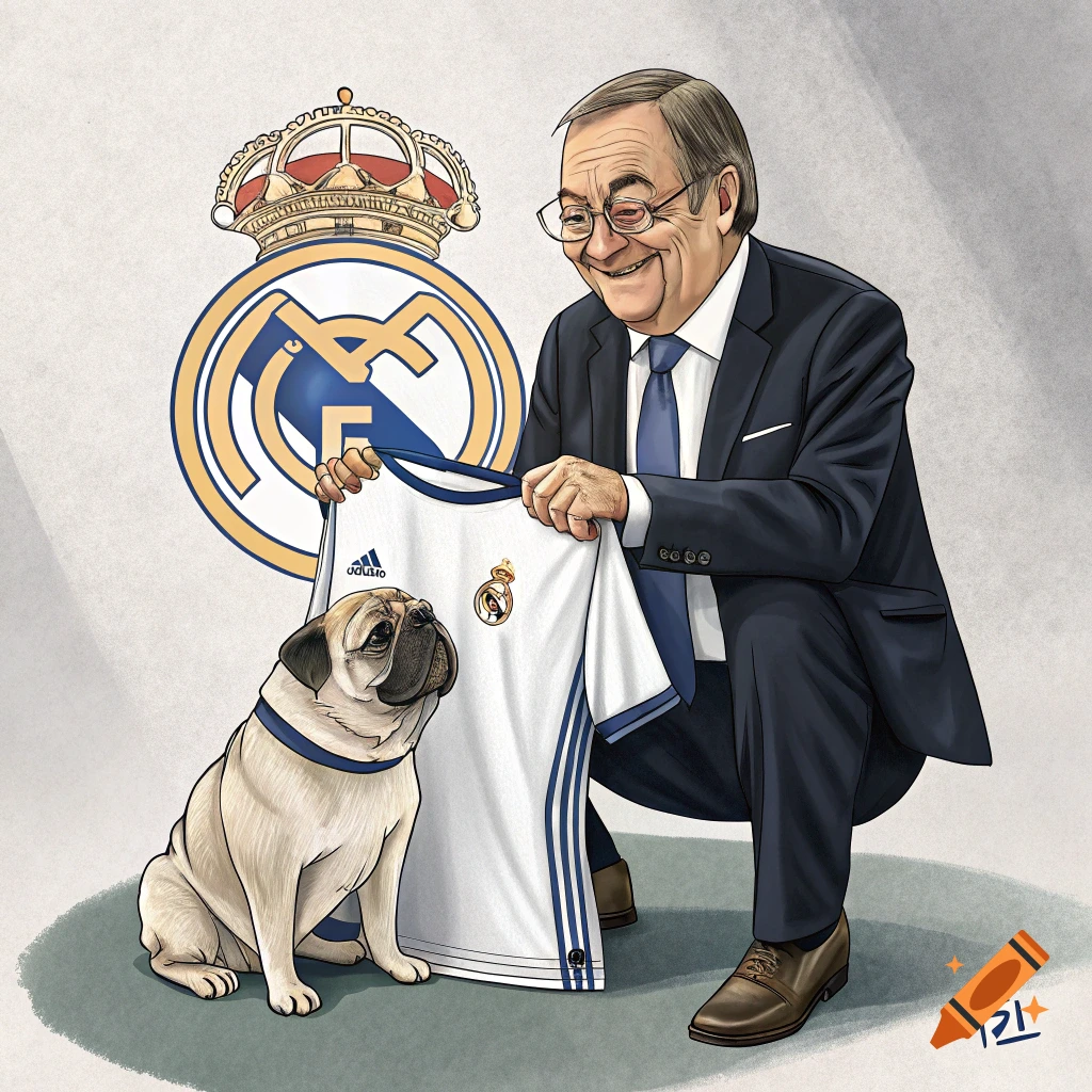 Caricature of a man holding a Real Madrid jersey for a pug with a Real Madrid logo.