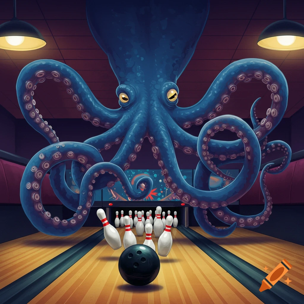 Giant kraken plays bowling in an alley, digital illustration.