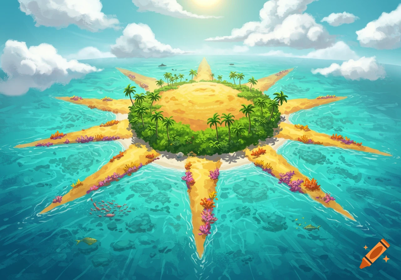Stylized illustration of a tropical island shaped like a sun, surrounded by turquoise water and coral reefs.