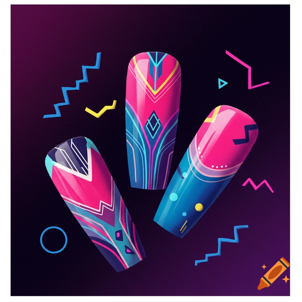Three artificial nails with bright 1980s art deco patterns