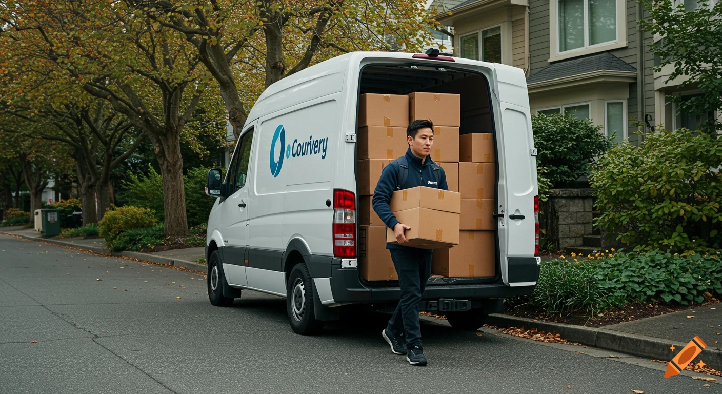 A delivery driver carries boxes from a white van on a residential street.