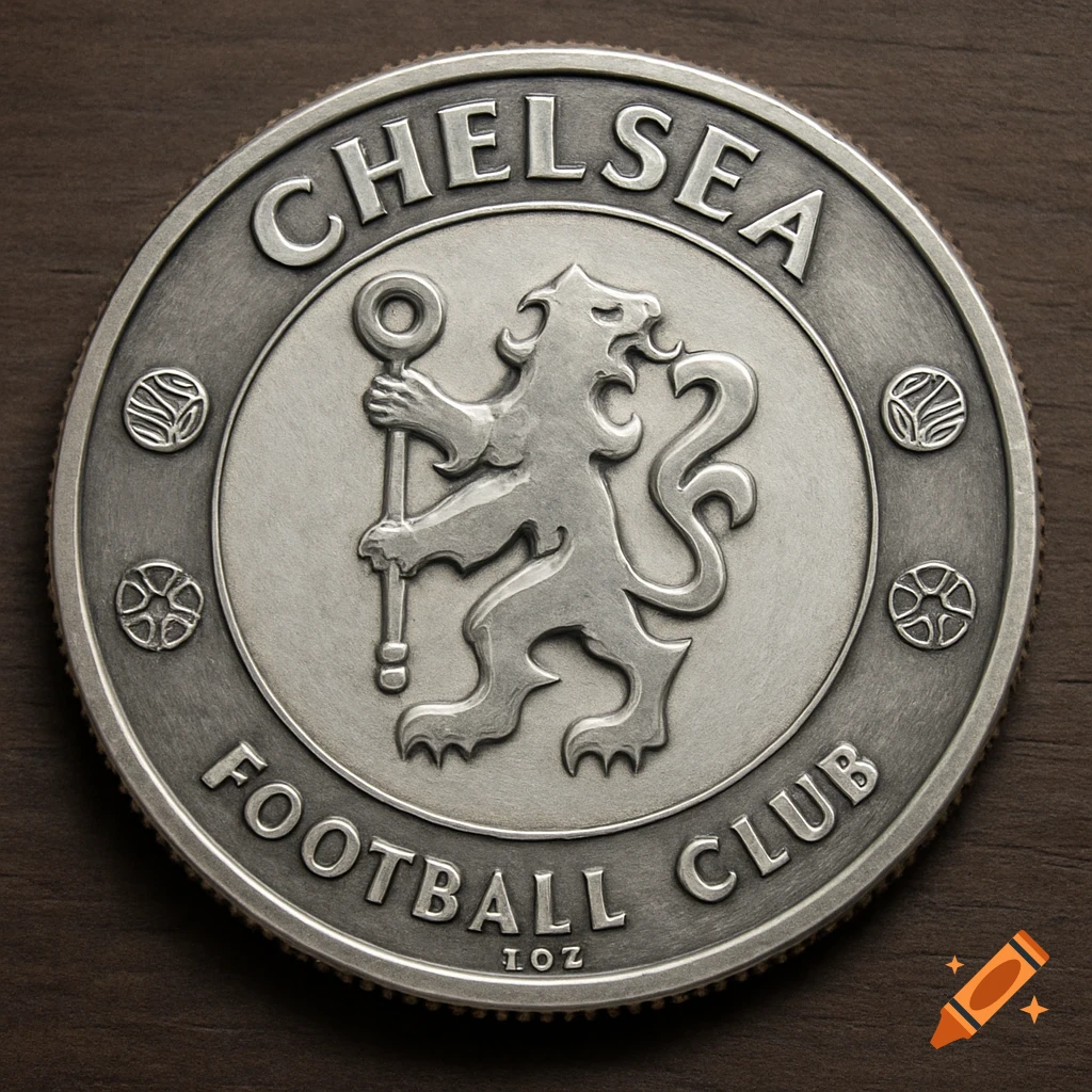 Close-up of a silver 1oz coin with the Chelsea FC logo.