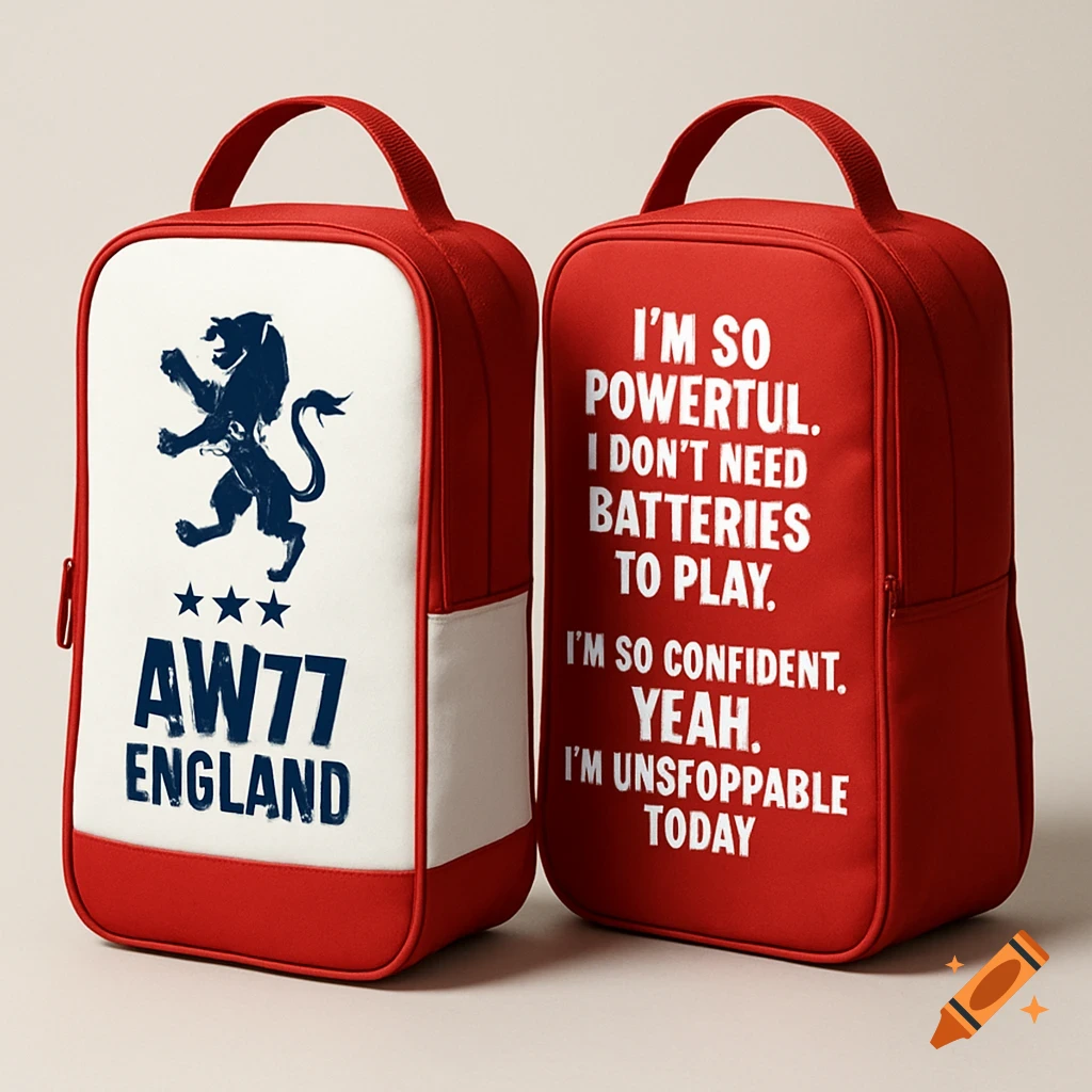 Two red and white boot bags, one with a lion logo and 'AW77 ENGLAND', the other with a quote.