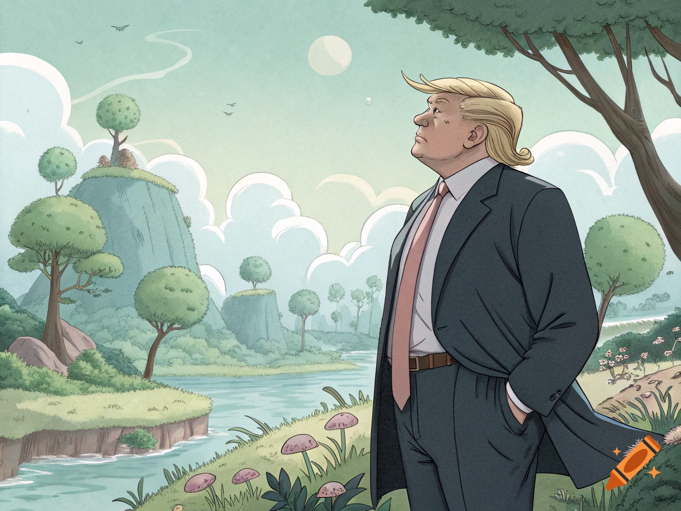 Cartoon style illustration of Donald Trump standing in a fantasy landscape.