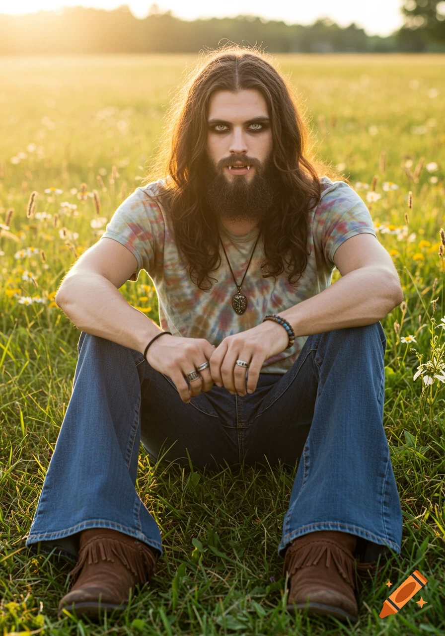 A photorealistic portrait of a male hippy vampire sitting in a sunny grassy field at sunset.