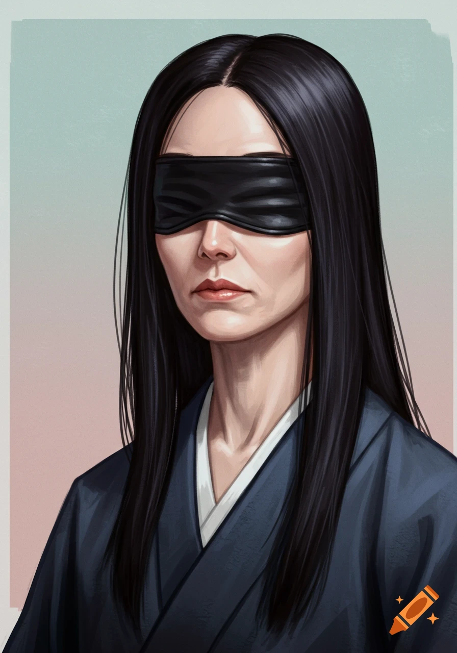 Portrait of a woman with long dark hair wearing a blindfold and dark robe.
