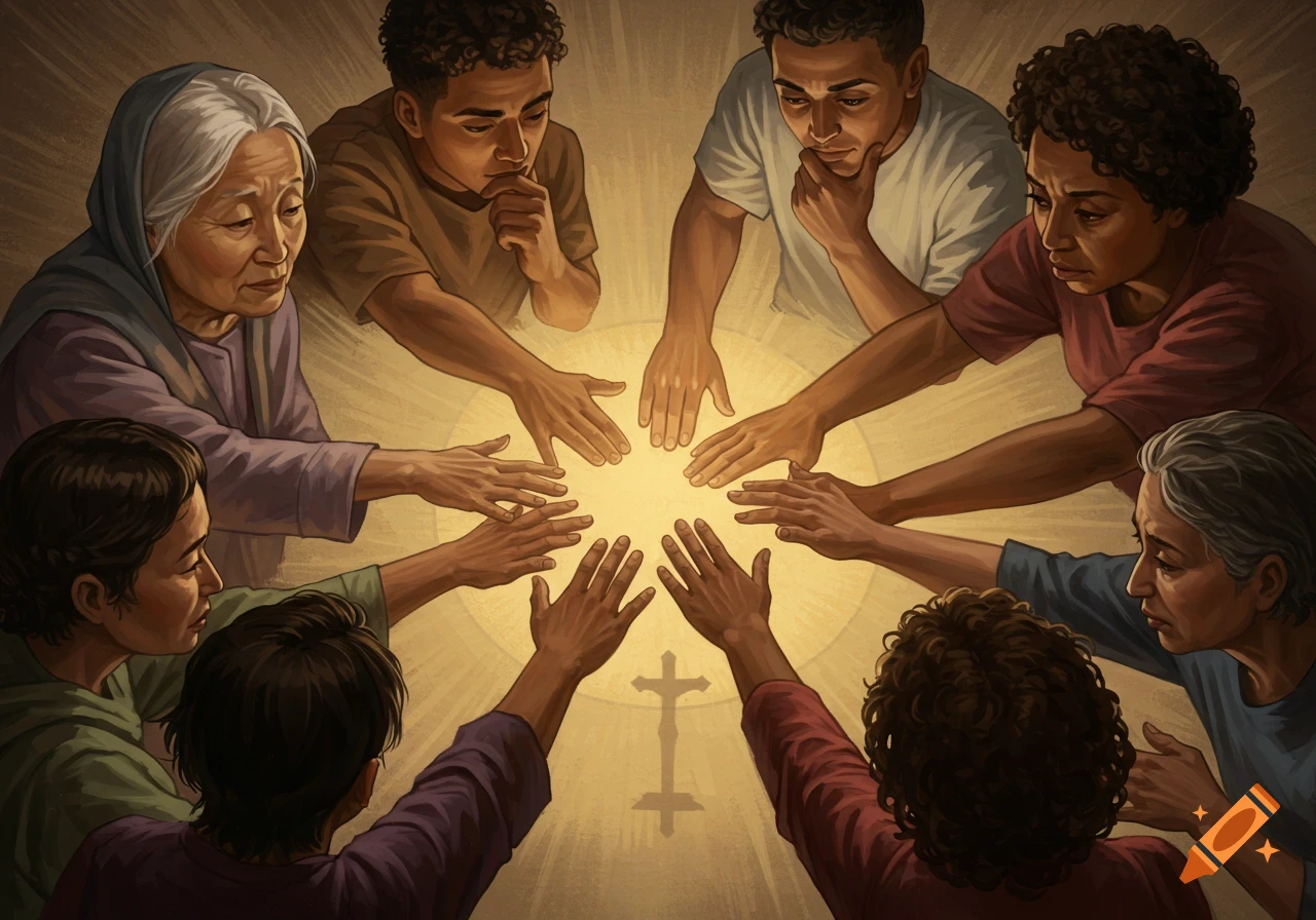 Diverse group of people reaching hands towards a glowing light with a cross symbol