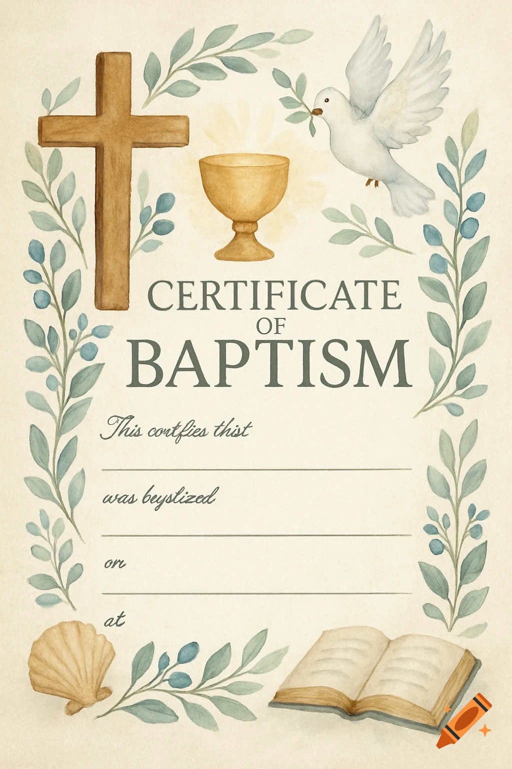 Watercolor illustration of a baptism certificate with cross, dove, chalice, shell, bible, and leaves.